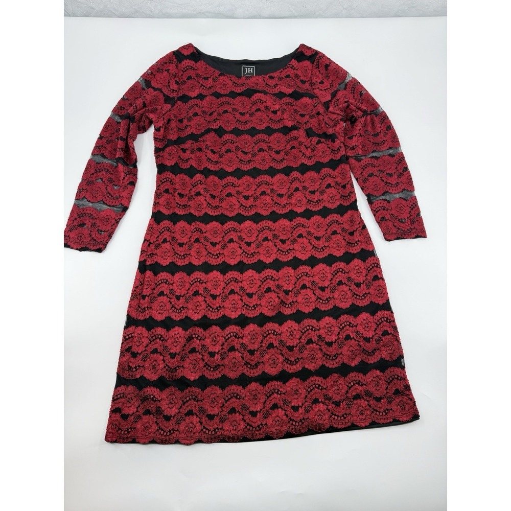 Womens JH Evenings Red Black Lace Overlay‎ Dress Size 14W - Picture 2 of 7